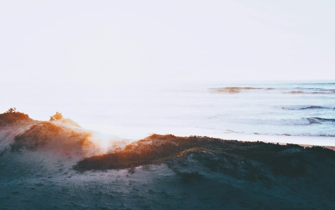 Sonnenaufgang über sanften Dünen, Ozeanwellen im Hintergrund.
