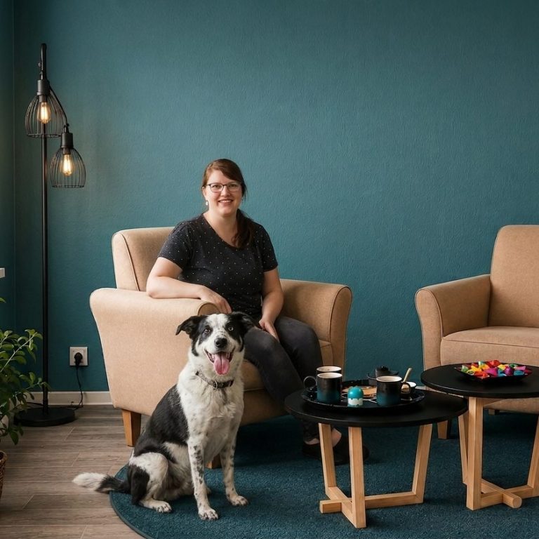 Elena Ruppelt Heilpraktikerin Elena Ruppelt mit ihrem Hund in der Praxis in Ebersbach-Neugersdorf.